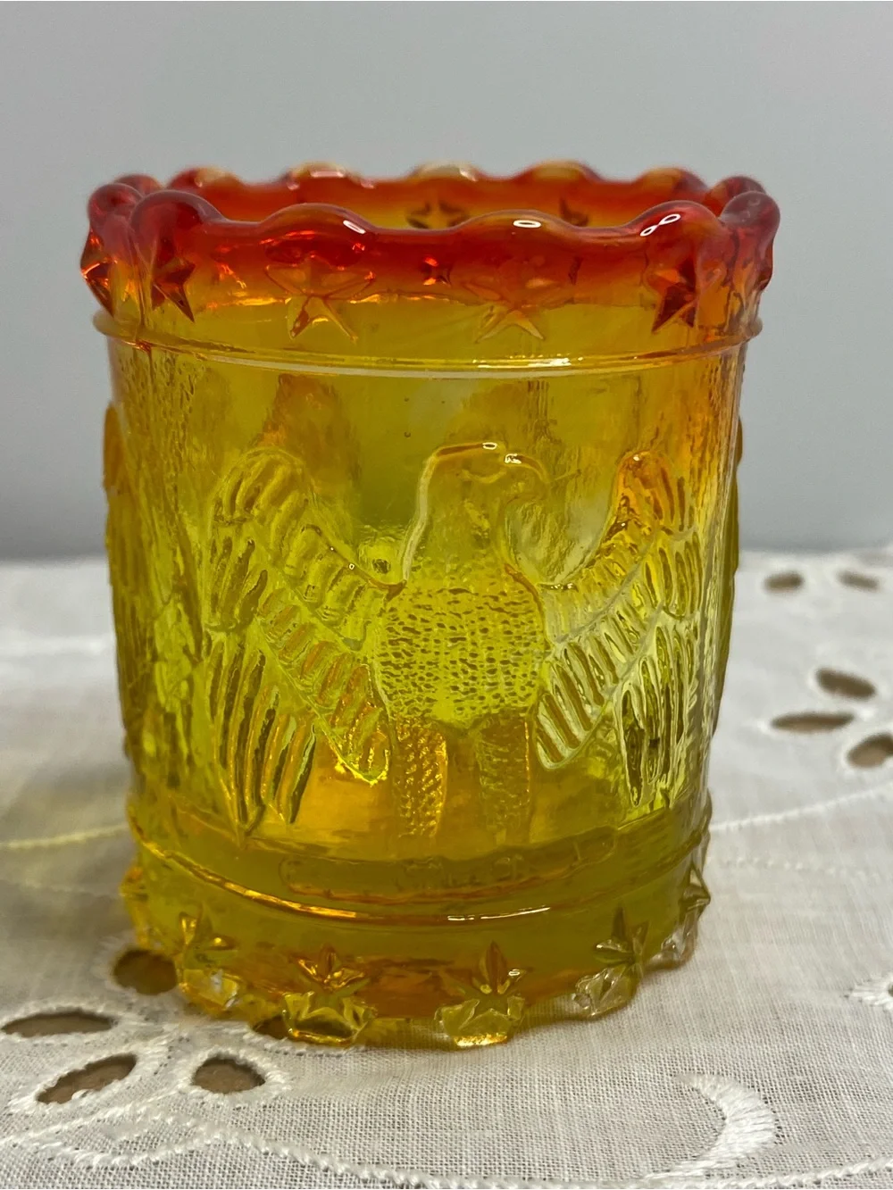Vintage Kanawha Amberina Glass Toothpick Holder Eagle and Stars Patriotic Design